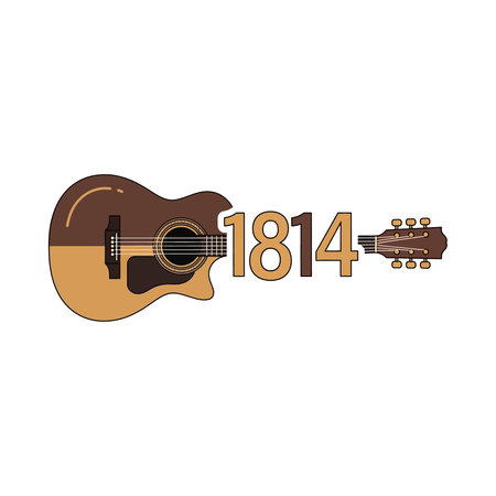 A pixelated image of a brown acoustic guitar with a darker top half and lighter bottom half, featuring the year 1814 in large text next to it, on a pure white background.のイラスト素材