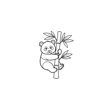 A black and white line drawing of a panda bear hanging from a bamboo tree with leaves, showcasing its adorable facial expression and playful pose in a simple yet charming style.のイラスト素材
