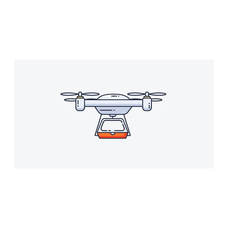 A detailed illustration of a gray drone with distinctive orange landing gear, showcasing its sleek design and rotors, presented in a clean and minimalist styleのイラスト素材