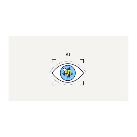 This image features a stylized illustration of a human eye with a blue iris and a yellow pupil,...