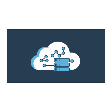 A stylized illustration of a cloud with a server and data transfer lines on a dark blue background,...