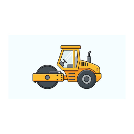 A detailed illustration of a yellow road roller with a black drum and wheels, featuring a cabin with...