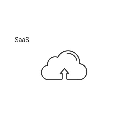 A minimalist line drawing of a cloud with an upward arrow, symbolizing software as a service, on a...