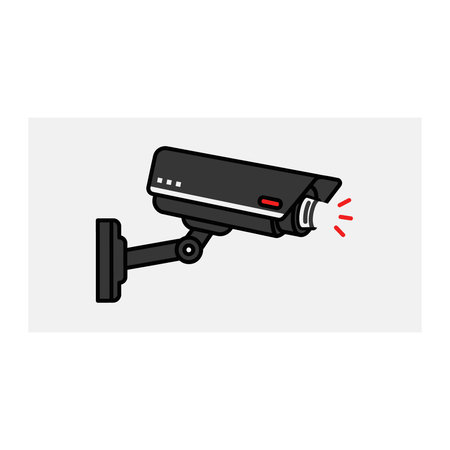 A detailed illustration of a black security camera with a red light on the side, mounted on a wall...