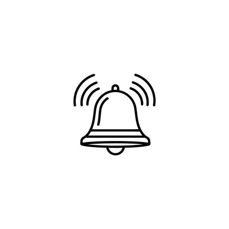 A minimalist black line drawing of a bell with curved lines emanating from it, indicating sound, on...