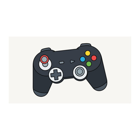 A black video game controller with a directional pad, face buttons in red, green, blue, and yellow,...