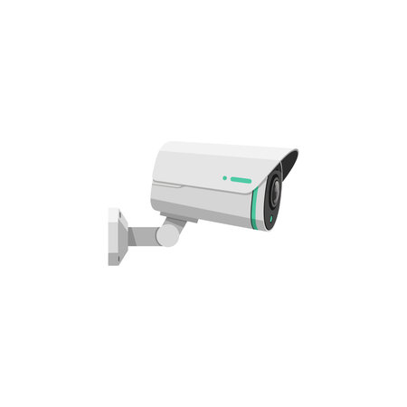 A white security camera with green accents is mounted on a wall bracket against a pure white...