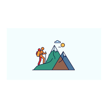 A colorful illustration of a hiker wearing a yellow backpack and red pants climbing a green mountain...