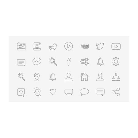 A set of black line icons on a white background depicting social media and communication symbols,...