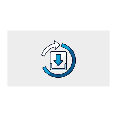 A blue download arrow in a circular motion on a light gray rectangular background with a white inner...