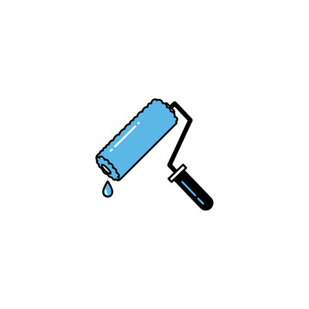 A detailed illustration of a blue paint roller with a single drop of paint falling from it,...