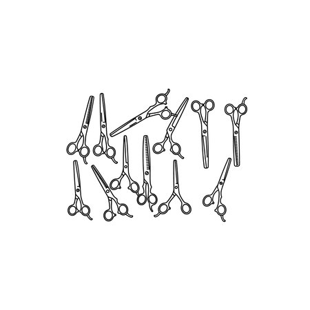A detailed illustration of multiple pairs of surgical scissors in different sizes and orientations,...