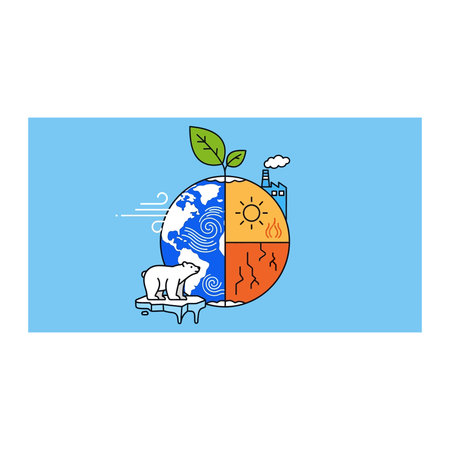 A blue and white globe divided into four sections with different symbols and colors on a light blue...