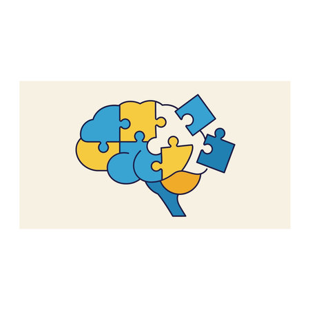 A stylized illustration of a brain composed of yellow and blue jigsaw puzzle pieces, with one piece...
