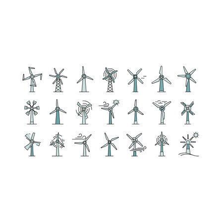 A set of 20 windmill icons in various shades of gray, black, and teal, showcasing different designs...