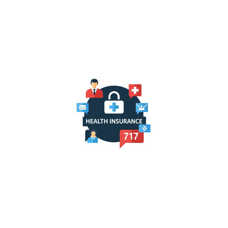 A dark blue logo featuring a white lock with a blue cross, surrounded by red and blue medical symbols on a white backgroundのイラスト素材