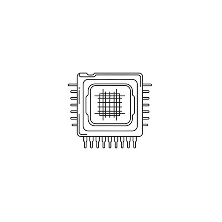 A detailed line drawing of a microchip component with a square shape, grid pattern in the center,...