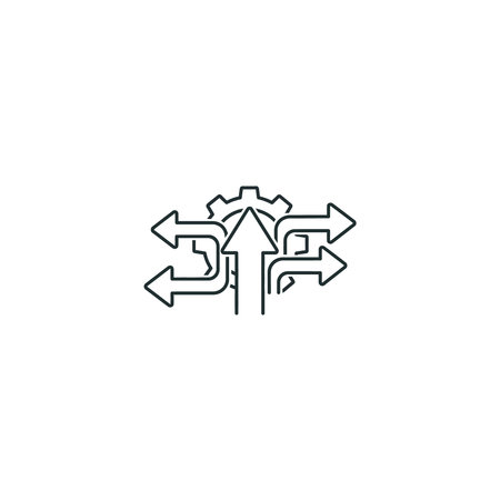 A black and white line drawing of directional arrows pointing in multiple directions with a gear at...