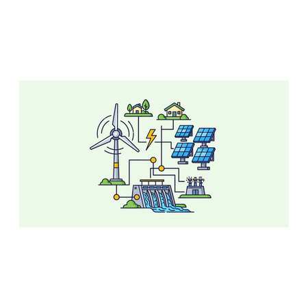 A colorful illustration of wind turbines, solar panels, and other eco-friendly power solutions on a...