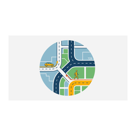 A vibrant and detailed illustration of a road map featuring a network of blue roads, green spaces,...