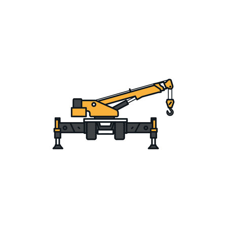 A colorful vector illustration features a mobile crane in yellow and gray, deployed with its...