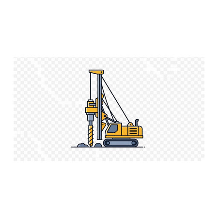 A graphic illustration of a yellow construction drill rig excavator machine focused on boring a hole into the ground, with a transparent background, Construction, Focused, Soil, Architecture, Holeのイラスト素材
