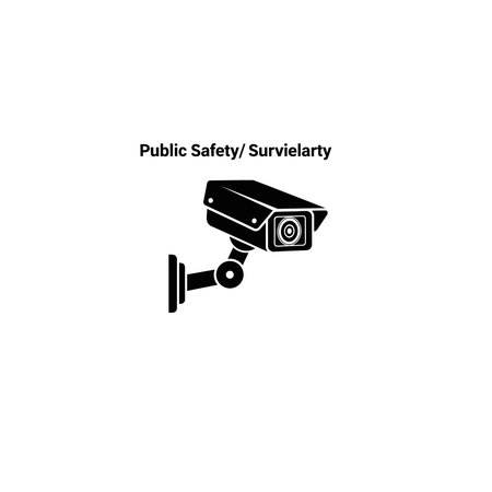 A black and white vector illustration depicts a security camera mounted on an adjustable arm,...