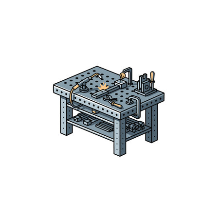 An isometric illustration of a sturdy metal workshop workbench, featuring various clamps and...