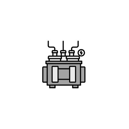A clean 2D icon representing an industrial power transformer with a small lightning bolt symbol,...
