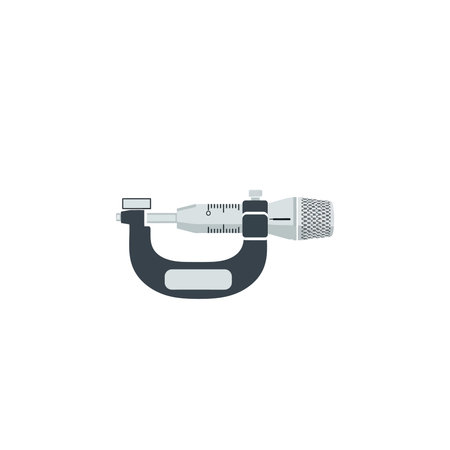 A clean flat vector icon of a micrometer measurement tool used for precision technical tasks and...