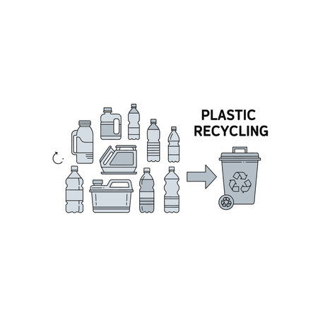 A simple line art illustration showing various plastic bottles and containers being collected for recycling, leading to a recycling bin, Simple, Showing, Various, Bottles, Containers, Collection, Binのイラスト素材