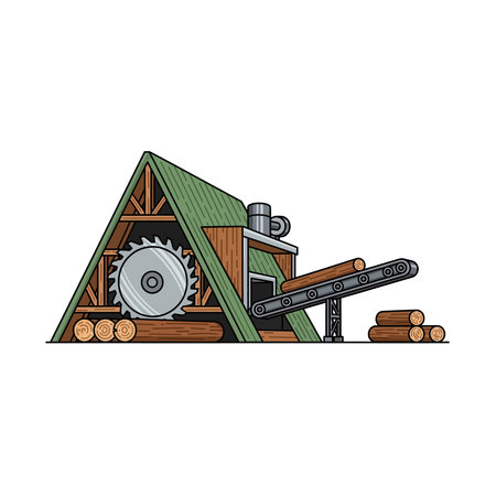 A detailed illustration of a wooden sawmill building featuring a large industrial circular saw blade and a conveyor belt for log processing, representing forest product manufacturing, Detailed, Woodenのイラスト素材
