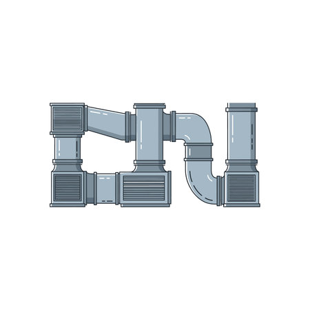 Vector illustration showing a complex arrangement of galvanized steel ventilation ducts and pipes used for industrial air conditioning and heating systems, Vector, Showing, Complex, Arrangement, Steelのイラスト素材