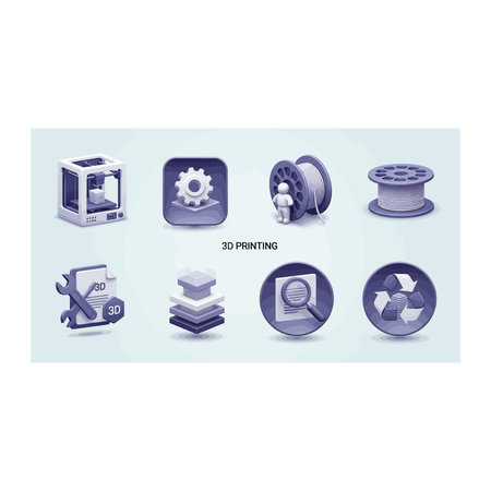 A collection of stylized icons depicting 3D printing workflows, materials, and additive...