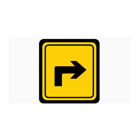 A yellow square road sign icon featuring a black arrow indicating a sharp right turn, designed for traffic safety, road navigation, and urban directional signage, Icon, Black, Arrow, Indicating, Urbanのイラスト素材