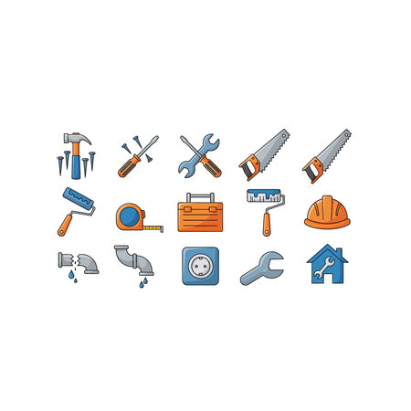 A comprehensive collection of flat vector icons depicting essential construction, repair, and maintenance tools for professional use, Comprehensive, Collection, Flat, Depicting, Essential, Use, Designのイラスト素材