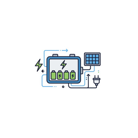 A flat style vector illustration depicting a sustainable energy system with a solar panel charging a...