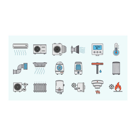 A professional collection of flat vector icons illustrating HVAC equipment, air conditioning units, boilers, and ventilation components designed for modern climate control and facility managementのイラスト素材