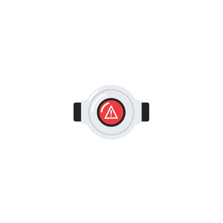 A flat style icon featuring an emergency alert notification button with a red hazard warning symbol,...