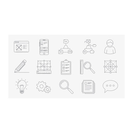 A set of fifteen simple gray outline icons representing various business, creativity, and productivity concepts such as documents, search, ideas, and organization, Set, Fifteen, Simple, Gray, Variousのイラスト素材