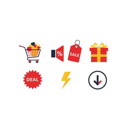 A collection of six flat design icons including a shopping cart, gift box, megaphone, and discount badges for retail and promotional marketing use, Collection, Six, Flat, Design, Icons, Includingのイラスト素材