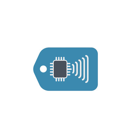 A flat icon illustration showing an RFID chip inside a tag, used for digital tracking, inventory...