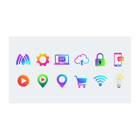 A collection of modern gradient-colored technology and web communication icons including wifi, shopping cart, cloud, and security lock, Modern, Colored, Technology, Web, Icons, Cart, Lock, Designのイラスト素材