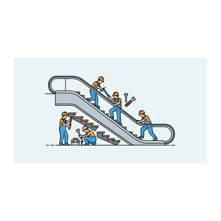 A group of professional maintenance workers performing technical repairs and safety checks on a modern escalator system in a public or commercial space, Group, Workers, Performing, Technical, Repairsのイラスト素材