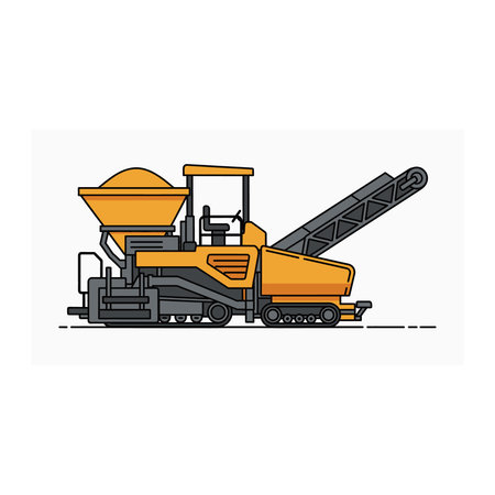 A yellow asphalt paver machine actively laying down material on a road construction site, featuring...
