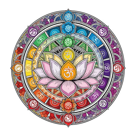 A complex and beautifully detailed mandala illustration featuring seven colored chakras within a...