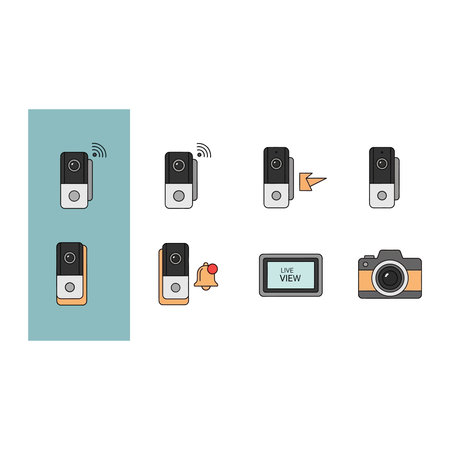 A set of icons and illustrative graphics featuring security cameras and smart doorbells. the...
