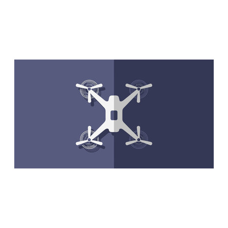 A flat minimalist graphic icon of a quadcopter drone, split between light and dark blue tones,...