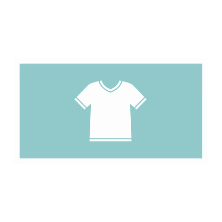 A simple and clean white icon of a v-neck t-shirt set against a solid teal background, suitable for...