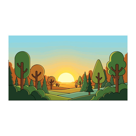 A beautiful morning scene featuring a golden sunrise over a vibrant forest with autumn colored trees, sunset, fall, sun, morning, trees, nature, scenery, sky, dawn, dusk, glow, rays, art, wood, earthのイラスト素材